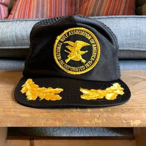 Vintage NRA Black Mesh Fitted Cap with Gold Embroidery and Circle Logo Patch